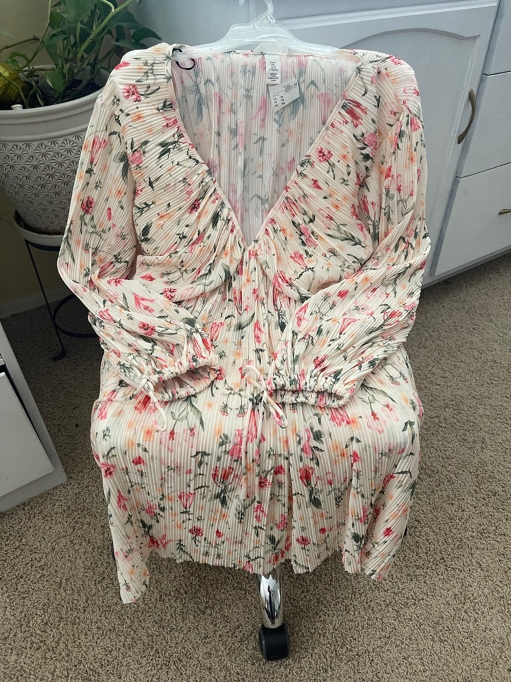 H&M Cream Floral Long Sleeve Pleated Dress with Pink & Green Print very cool
